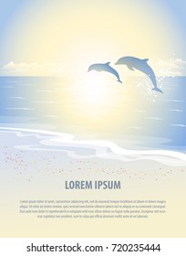 Seaside view with silhouette of two jumping dolphins. Abstract background with space for text. Sunset landscape view poster design. Vacation and tourism concept. Vector illustration