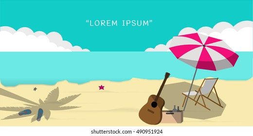 Seaside view with an umbrella, beach chair,guitar and a pair of flip-flops. Summer vacation concept background. Vector.