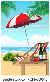 Ilustración vectorial de la vista costera con alimentos y bebidas adecuados para papel pintado.