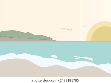Seaside and wave, sea, island, sunrise, sunset, ocean, beach -flat illustration 