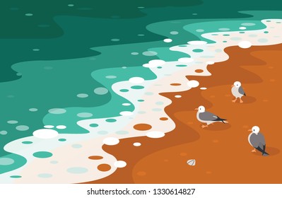 Seaside waves and seagulls. hand drawing style minimal vector illustration