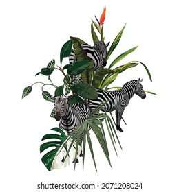 Season Abstract Nature Banner Background. Jungle plants, cartoon animals leopard, zebra; Exotic card element with tropical leaves.