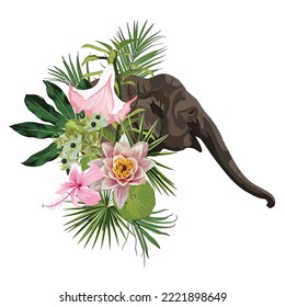 Season Abstract Nature Banner Background. Jungle plants, cartoon elephant animal with pink exotic flowers. Exotic card element with tropical leaves.	