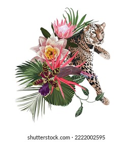 Season Abstract Nature Banner Background. Jungle plants, cartoon leopard animal with exotic flowers. Exotic card element with tropical leaves.	