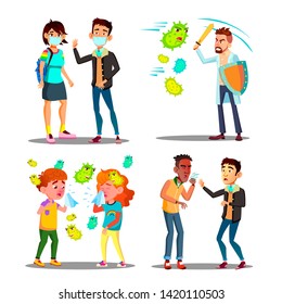 Season Allergy Microbe Attack Character Set Vector. Teenager With Protection Mask, Children And Man With Shield And Sword Fighting With Allergy Germ And Ill Boy Sneezes. Flat Cartoon Illustration