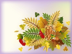Season Autumn Background With Diamond Gemstone And Autumn Leaves, Vector Illustration