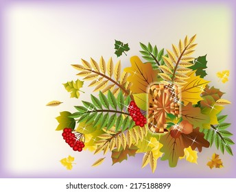 Season autumn background with diamond gemstone and autumn leaves, vector illustration