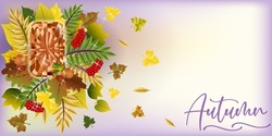 Season Autumn Banner With Diamond Gemstone And Autumn Leaves, Vector Illustration	