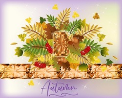 Season Autumn Invitation Card With Diamond Gemstone And Autumn Leaves, Vector Illustration	