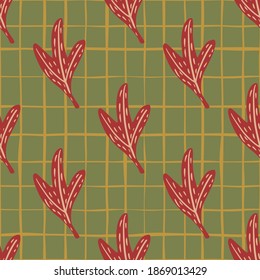 Season autumn seamless pattern with red dashes leaf ornament. Green pastel chequered background. Great for fabric design, textile print, wrapping, cover. Vector illustration.