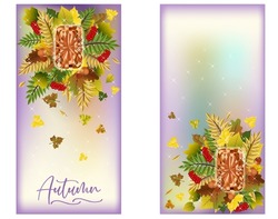 Season Autumn Vertical Banners With Diamond Gemstone And Autumn Leaves, Vector Illustration	
