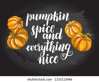 Season Background. Greeting card with Ink hand drawn pumpkins. Autumn harvest elements composition with brush calligraphy style lettering. Vector illustration.