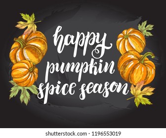 Season Background. Greeting card with Ink hand drawn pumpkins. Autumn harvest elements composition with brush calligraphy style lettering. Vector illustration.