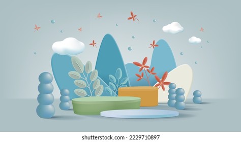 Season background product display scene with trees and clouds. Shining lights and podium. Vector illustration