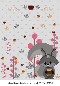 Season background with squirrels and hazelnut. Vector illustration. Hello Autumn