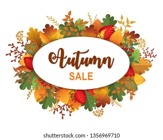 Season banner with colorful autumn leaves. Vector frame background. Red, orange, brown, yellow October foliage. Ad Illustration template. Free oval place for text. Color fall for thanksgiving holiday.