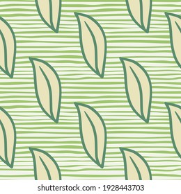 Season botanic hand drawn leaf shapes seamless pattern. Green striped background. Funny creative backdrop. Designed for fabric design, textile print, wrapping, cover. Vector illustration.