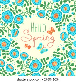 Season card Hello Spring with cute flowers and butterflies. Vector illustration.