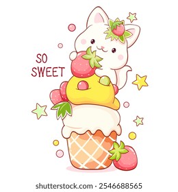 Season card in kawaii style. Cute cat with strawberry and cupcake. Little kitty and cake with whipped cream. Inscription So sweet. Can be used for t-shirt print, sticker, greeting card. Vector EPS8