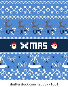 The season celebrates the fancy with this delightful Christmas pixel pattern with cozy holiday vibes, snowflakes, jolly Santas, and bright ornaments. The vibrant colors deep reds, greens, snowy whites