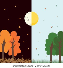 Visualisierung von Saisonänderungen. Baum mit Herbst- und Sommerblättern. Herbstäquinoktium, Infografiken für astronomisches Ereignis am 22. und 23. September. Vektorillustration.