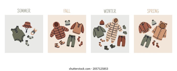 Children’s season clothes. Baby summer, fall, winter and spring outfits. Kids modern season clothes clothing looks, newborn child garments vector nursery illustration. Cartoon children season clothing