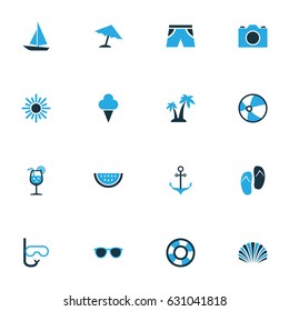 Season Colorful Icons Set. Collection Of Boat, Sun, Swimming Mask And Other Elements. Also Includes Symbols Such As Trees, Dinghy, Watermelon.