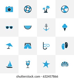 Season Colorful Icons Set. Collection Of Camera, Flip Flop, Shell And Other Elements. Also Includes Symbols Such As Cocos, Smelting, Underwear.