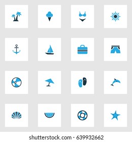 Season Colorful Icons Set. Collection Of Watermelon, Lifebuoy, Palms And Other Elements. Also Includes Symbols Such As Lifebuoy, Dock, Trees.