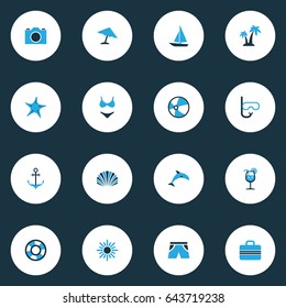 Season Colorful Icons Set. Collection Of Suitcase, Shorts, Umbrella And Other Elements. Also Includes Symbols Such As Bikini, Sea, Umbrella.