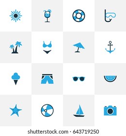 Season Colorful Icons Set. Collection Of Lifebuoy, Ice Cream, Ball And Other Elements. Also Includes Symbols Such As Anchor, Sea, Lifebuoy.