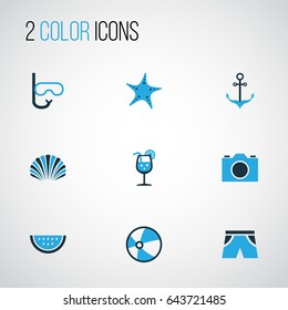Season Colorful Icons Set. Collection Of Swimming Mask, Starfish, Camera And Other Elements. Also Includes Symbols Such As Shell, Swimming, Video.