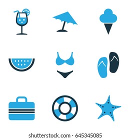 Season Colorful Icons Set. Collection Of Fresh Juice, Swimsuits, Umbrella And Other Elements. Also Includes Symbols Such As Lemonade, Fresh, Parasol.