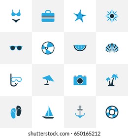 Season Colorful Icons Set. Collection Of Flip Flop, Ball, Umbrella And Other Elements. Also Includes Symbols Such As Ship, Sunglasses, Circle.