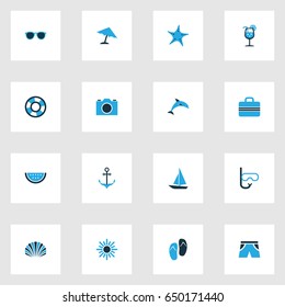 Season Colorful Icons Set. Collection Of Sunglasses, Boat, Camera And Other Elements. Also Includes Symbols Such As Smelting, Underwear, Sailing.