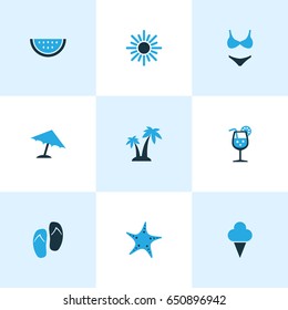 Season Colorful Icons Set. Collection Of Swimsuits, Palms, Watermelon And Other Elements. Also Includes Symbols Such As Sorbet, Trees, Juice.