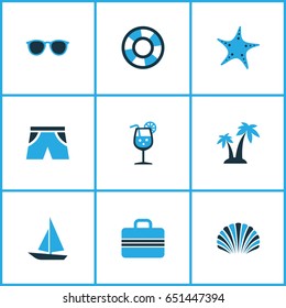 Season Colorful Icons Set. Collection Of Fresh Juice, Shorts, Boat And Other Elements. Also Includes Symbols Such As Juice, Sunglasses, Sea.