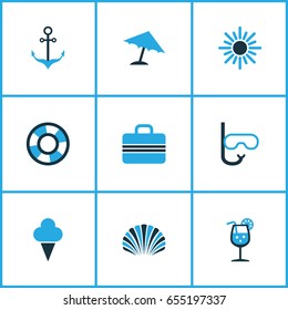 Season Colorful Icons Set. Collection Of Sun, Sailing, Fresh Juice And Other Elements. Also Includes Symbols Such As Lemonade, Baggage, Sunshine.