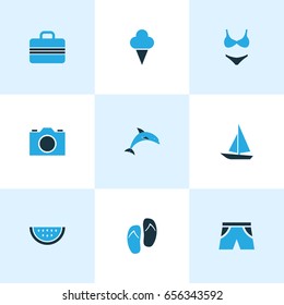 Season Colorful Icons Set. Collection Of Watermelon, Swimsuits, Camera And Other Elements. Also Includes Symbols Such As Flop, Video, Sorbet.