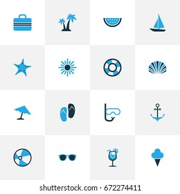 Season Colorful Icons Set. Collection Of Flip Flop, Shell, Lifebuoy And Other Elements. Also Includes Symbols Such As Watermelon, Conch, Beach.