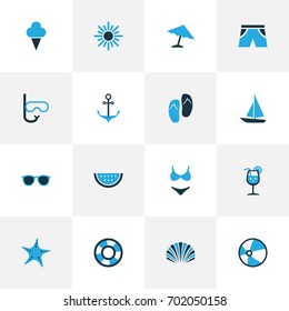 Season Colorful Icons Set. Collection Of Shorts, Boat, Ball And Other Elements. Also Includes Symbols Such As Flip, Balloon, Swimming.