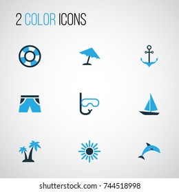 Season Colorful Icons Set. Collection Of Shorts, Boat, Sun And Other Elements. Also Includes Symbols Such As Anchor, Parasol, Sunny.
