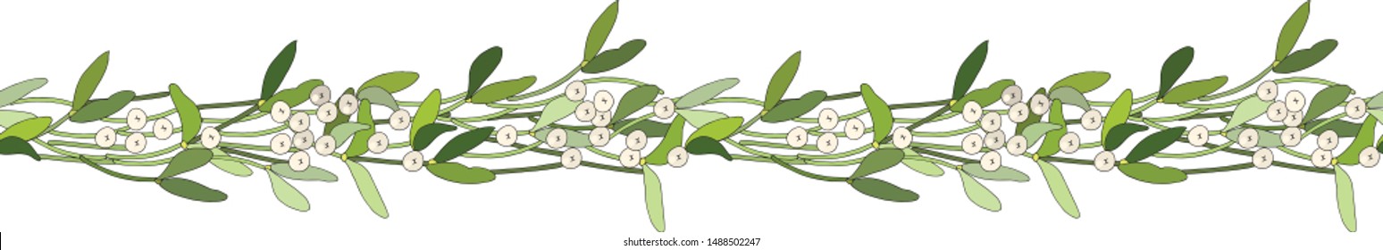 Season endless horizontal pattern brush with mistletoe isolated on white. For season design, announcements, postcards, posters.