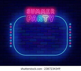 Season festival flyer. Summer party neon poster. Holiday celebration. Space for text. Night show advertising. Turquoise frame. Beach club invitation. Glowing poster. Vector stock illustration