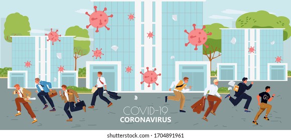 Season flu, coronavirus influenza pandemic concept. Worker people character run away microscopic bacteria infection. Infected virus cell office. Global panic. Health care protection. Epidemiology risk