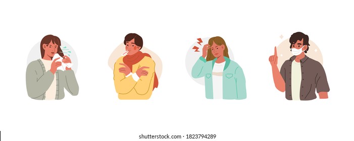 Season Flu Disease Symptoms. People Characters having Fever, Cough and other Respiratory Illness Signs. Virus Diagnosis and Prevention Concept. Flat Cartoon Vector Illustration.