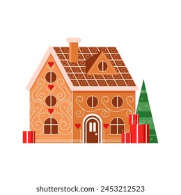 Season gingerbread house. Traditional Christmas cookie, holiday winter bakery flat vector illustration