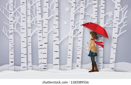 season with the girl open  red an umbrella, paper art and craft style.