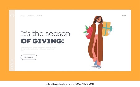 Season of Giving Landing Page Template. Happy Girl with Christmas Giftboxes, Female Character Holding Presents for Winter Holidays. Festive Event with Gifts and Greetings. Cartoon Vector Illustration