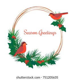 Season greeting card. Christmas decoration. Round pine tree wreath, winterberry holly. Red bullfinch bird of winter garden. Template for happy holiday banner new year eve party. Vector illustration